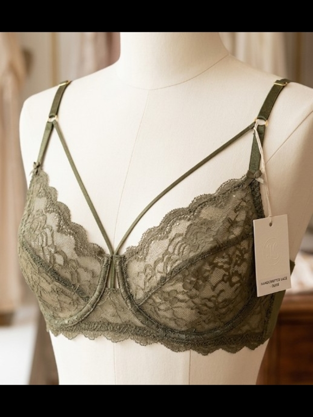 Olive Lace Bralette with Strappy Detail 36DDD